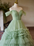 Ndyad Off Shoulder Sweetheart Neck Tulle Green Long Prom Dress HZ1024