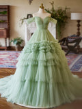 Ndyad Off Shoulder Sweetheart Neck Tulle Green Long Prom Dress HZ1024