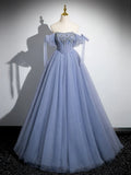 Ndyad A-Line Tulle Beads Long Prom Dress, Blue Long Formal Dress HZ1024