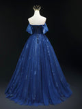 Ndyad Off Shoulder Tulle Lace Dark Blue Long Prom Dress HZ1024