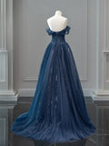 Ndyad Off Shoulder Tulle Lace Dark Blue Long Prom Dress HZ1024