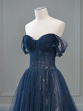Ndyad Off Shoulder Tulle Lace Dark Blue Long Prom Dress HZ1024