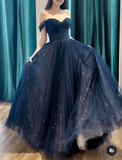 Ndyad Off Shoulder Tulle Lace Dark Blue Long Prom Dress HZ1024