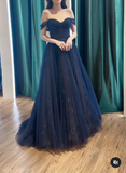 Ndyad Off Shoulder Tulle Lace Dark Blue Long Prom Dress HZ1024
