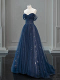 Ndyad Off Shoulder Tulle Lace Dark Blue Long Prom Dress HZ1024