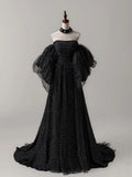 Ndyad A- Line Tulle Long Prom Dress, Black Long Formal Dress HZ1024