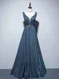 Ndyad A-Line Blue Long prom Dress, Blue Formal Dresses HZ1024