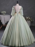 Ndyad A-Line 3D Lace Long Prom Dress, Green Lace Sweet 16 Dress HZ1024
