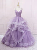 Ndyad v neck tulle long prom dress, purple tulle formal party dress HZ1024