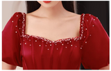 Ndyad A line satin beads long prom dress burgundy evening dress HZ1024