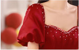 Ndyad A line satin beads long prom dress burgundy evening dress HZ1024