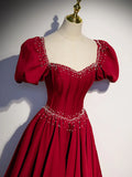 Ndyad A line satin beads long prom dress burgundy evening dress HZ1024