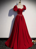 Ndyad A line satin beads long prom dress burgundy evening dress HZ1024