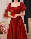 Ndyad A line satin beads long prom dress burgundy evening dress HZ1024