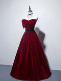 Ndyad A line burgundy long prom dress, velvet bridesmaid dresses HZ1024