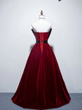 Ndyad A line burgundy long prom dress, velvet bridesmaid dresses HZ1024