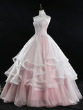Ndyad A Line Tulle Lace Long Prom Dress, Pink Sweet 16 Dress HZ1024