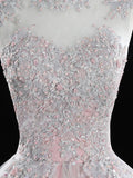Ndyad A Line Tulle Lace Long Prom Dress, Pink Sweet 16 Dress HZ1024