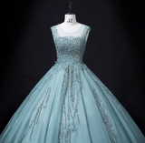 Ndyad A-line mesh sequins formal long dress, green sequins evening dress HZ1024