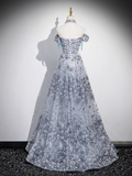 Ndyad A-line Off-shoulder Tulle Long Prom Dress, Gray Evening Dress HZ1024