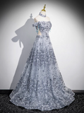 Ndyad A-line Off-shoulder Tulle Long Prom Dress, Gray Evening Dress HZ1024