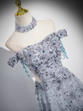 Ndyad A-line Off-shoulder Tulle Long Prom Dress, Gray Evening Dress HZ1024