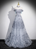 Ndyad A-line Off-shoulder Tulle Long Prom Dress, Gray Evening Dress HZ1024