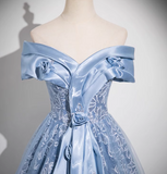 Ndyad A-line Off-shoulder Tulle Satin Long Prom Dress, Blue Evening Dress HZ1024