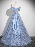 Ndyad A-line Off-shoulder Tulle Satin Long Prom Dress, Blue Evening Dress HZ1024