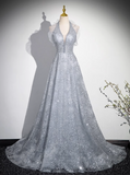 Ndyad V-neck mesh sequin long prom dress, evening dress HZ1024