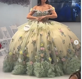 Ndyad Off-the-shoulder Ball Gown Long Prom Dress Green Tulle Applique Quinceanera Dress Sweet 16 Dress HZ1024
