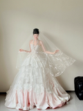 Ndyad Strapless Wedding Dresses A-Line Lace Bridal Gowns Sleeveless White/Pink Bridal Dresses HZ1024