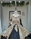 Ndyad Jewel Ball Gown Applique Satin Long Prom Dresses Black Quinceanera Dresses Long Sleeve Sweet 16 Dress HZ1024
