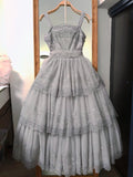 Ndyad Straps Ball Gown Lace Prom Dresses, Gray Birthday Dresses HZ1024