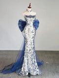 Ndyad Tulle Sequin Silver Long Prom Dress, Strapless Long Party Dress HZ1024