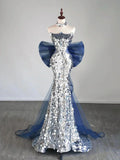 Ndyad Tulle Sequin Silver Long Prom Dress, Strapless Long Party Dress HZ1024