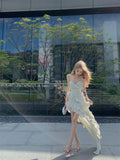 Ndyad hot girl style irregular ruffled floral suspender long skirt HZ1024