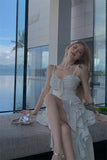 Ndyad hot girl style irregular ruffled floral suspender long skirt HZ1024
