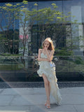 Ndyad hot girl style irregular ruffled floral suspender long skirt HZ1024