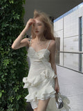 Ndyad hot girl style irregular ruffled floral suspender long skirt HZ1024