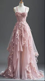 Ndyad Fairytale A-line Hi-Lo Prom Dress for Masquerade ?Tulle&Lace Applique Spaghetti Strap Evening Dress HZ1024